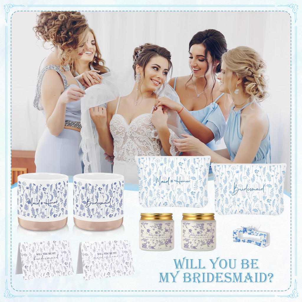 Nuanchu 25 Pcs Wedding Bridesmaid Proposal Gifts Maid of Honor Something Proposal Gift Ceramic Cup Bridesmaid Makeup Bag Invited Card Hair Claw Clip Lavender Scented Candle for Bridal Party(Blue)