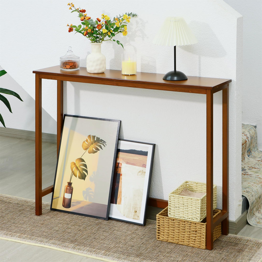 Mordchil HF Bamboo Narrow Console Table, 39.4"(L) Wood Small Entryway Table, Accent Slim Hallway Tables, Thin Sofa Side Tables for Hallway, Living Room, Bedroom, Foyer, Walnut