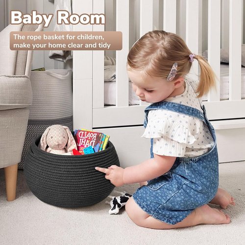 Goodpick Small Rope Storage Basket - Stylish Black Round Basket for Socks, Toys & Towels | 10 x 8.3 Inches