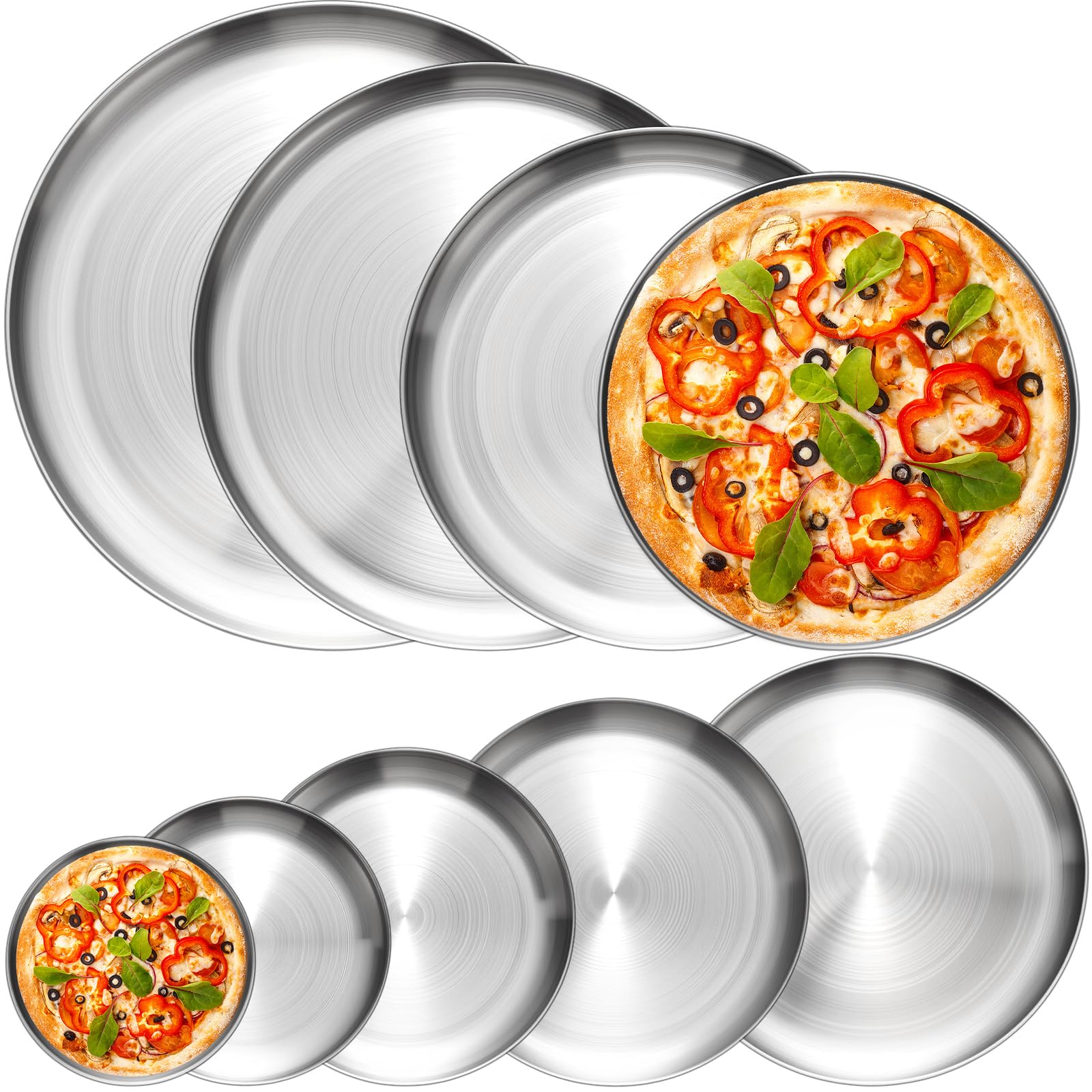 Sawysine 12 Pcs Stainless Steel Pizza Pans 9 Sizes (6.7 Inch-17.7 Inch) Pizza Pans for Oven Large Thick Round Steel Trays for Baking Cookie Pie Cake, Non-toxic, Durable, Dishwasher Safe