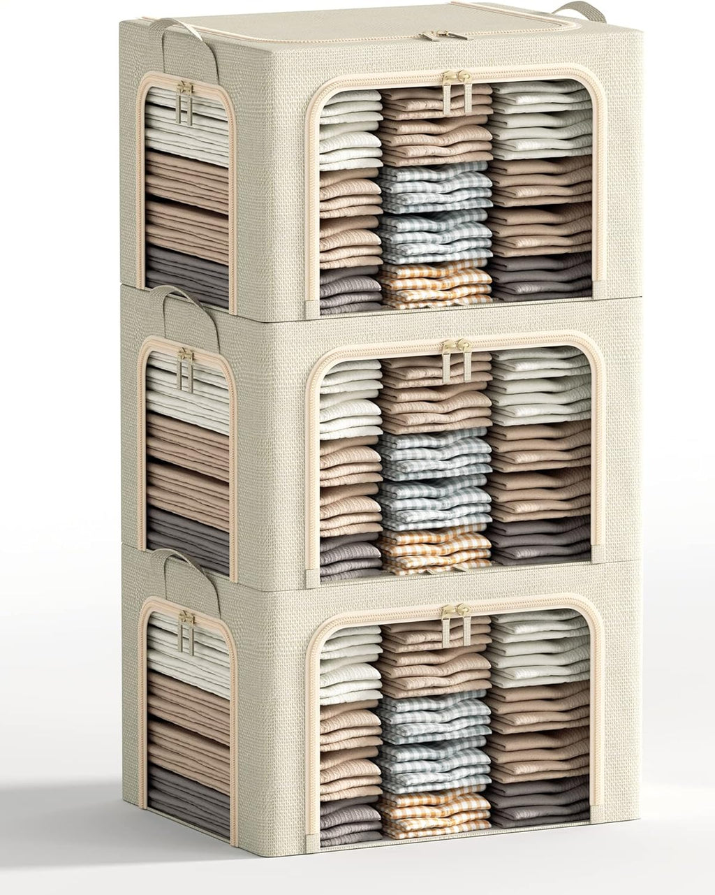 Skiennix Large Clothes Storage Bins - Foldable with Lid & Clear Window | 3-Pack, Beige, 66L