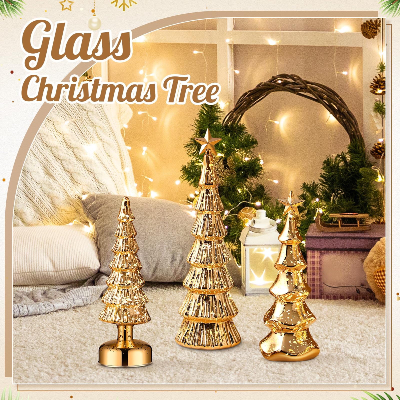Funnymoom 3 Pack Glass Christmas Trees Decor Lighted Christmas Tree Tabletop Glitter Centerpiece Decoration Glass Xmas Tree Figurines Holiday Ornament for Table Mantle Fireplace(Gold,Classic)