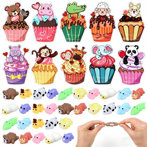30 Pack Valentines Mochi Squishies Toys with Valentine Cards for Class,Kids,Teens Mini Animal Squishy Stress Relief Toy Valentine's Day Toys for Valentines Party Favors School Classroom Exchange