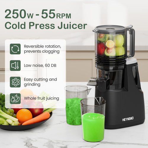 Heynemo Juicer Machines, 5.9" Wide Feed Chute Cold Press Juicer for Whole Vegetable & Fruit, 250W Slow Masticating Juicer Machines with with Dual-Layer Strainer, Easy to Clean,High Juice Yield, Black