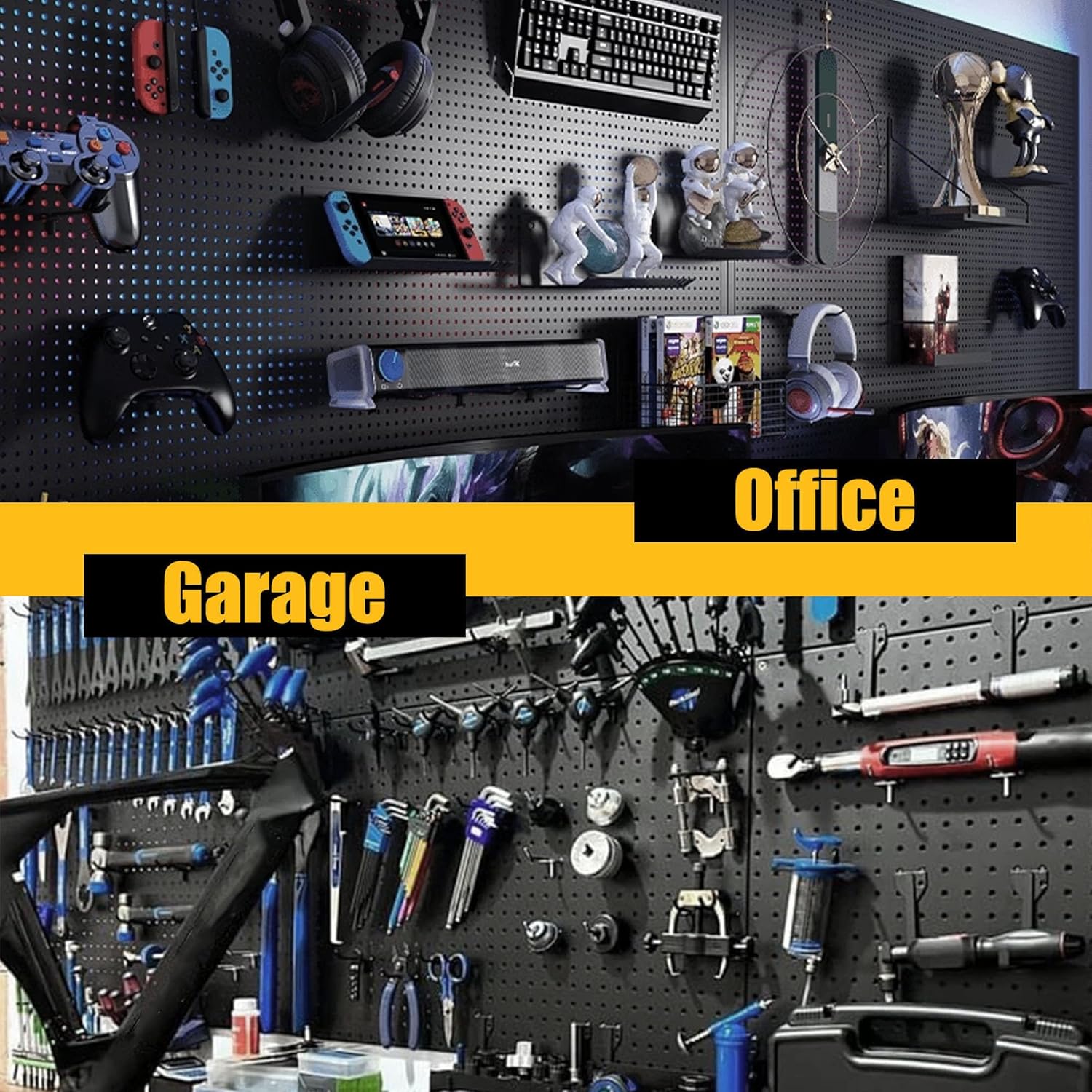 Spampur Metal Pegboard Panels - 8 Pack Heavy-Duty Wall Organizer with 50 Hooks | Black for Home & Garage