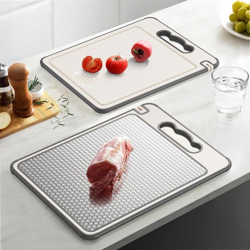 LOZOVIN Stainless Steel Cutting Board - Reversible 304 Steel & Wheat Straw, Dishwasher Safe, 14.4"x9.8", Grey