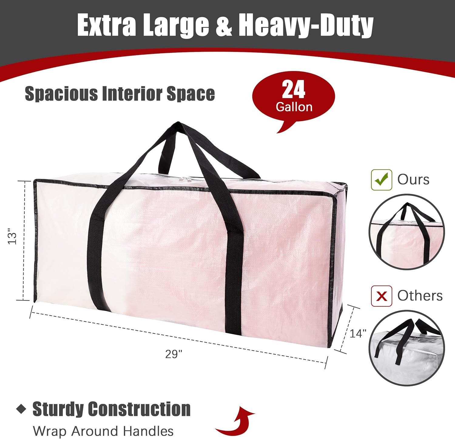PANDA JOYS Extra Large Moving Bags - Heavy-Duty Storage Totes with Zippers & Handles | 8 Pack, Semi-Transparent