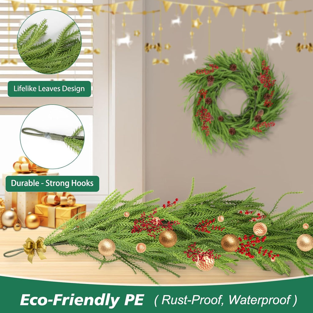 Norfolk Pine Garland - Realistic 9 Ft Faux Pine Christmas Decor for Mantle, Wall & Table