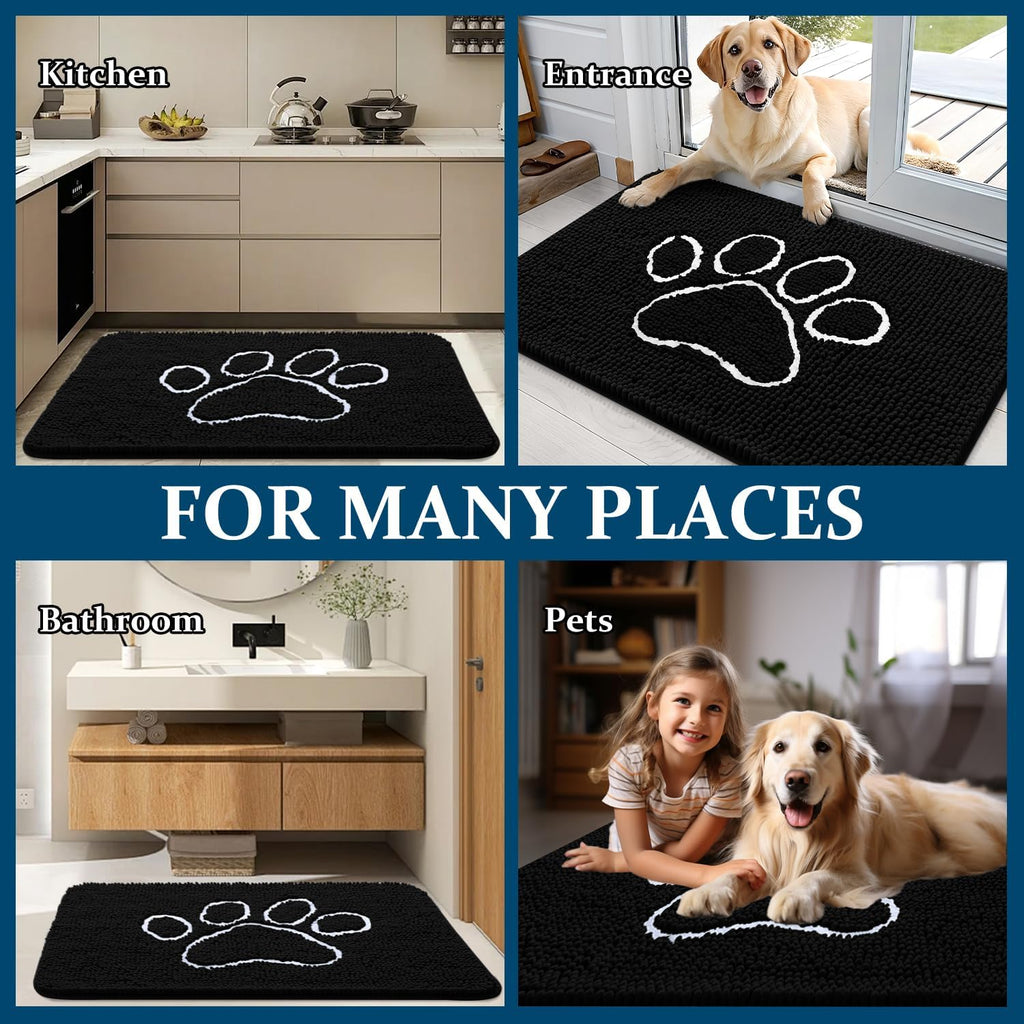 OLANLY Dog Door Mat - Absorbent Non-Slip Mud Mat for Muddy Paws | 47x32 Paw Print Design, Quick Dry Black
