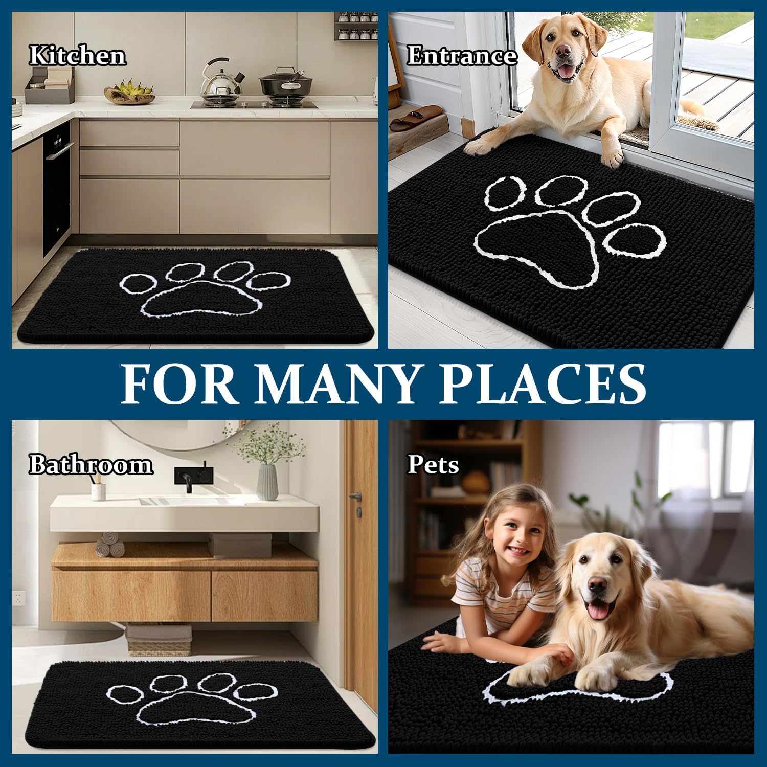 OLANLY Dog Door Mat - Absorbent Non-Slip Chenille for Muddy Paws | 70x32 Black Paw Print Design