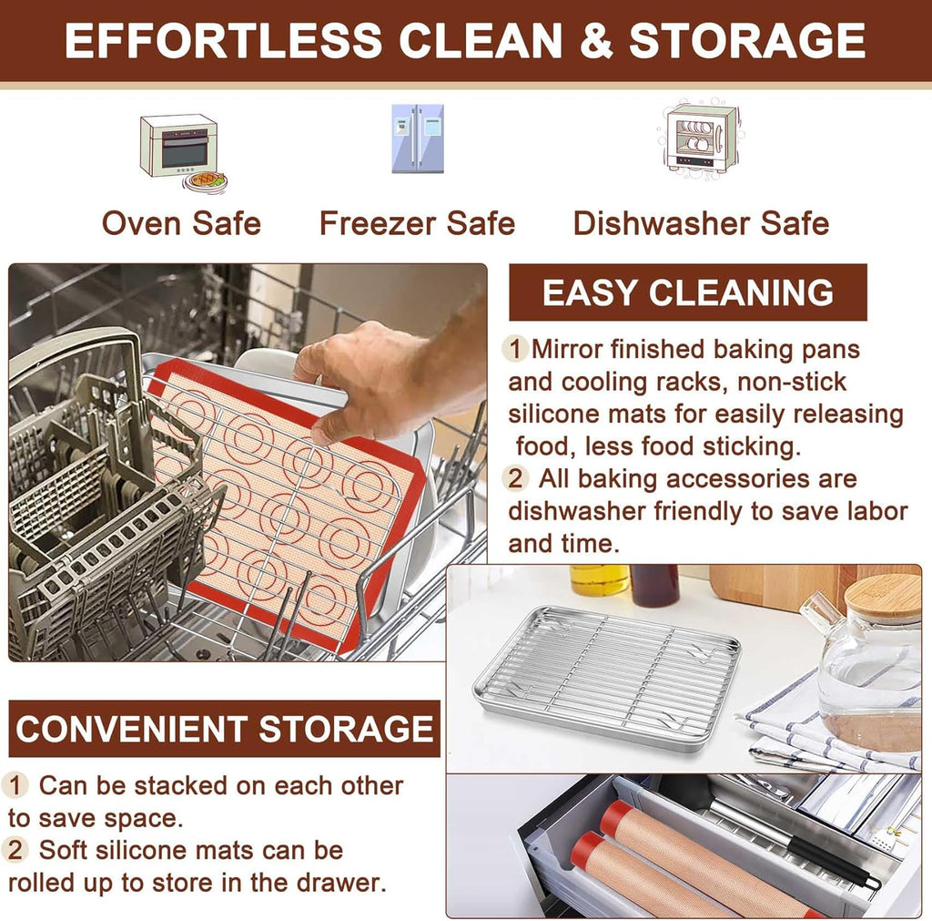 TeamFar Stainless Steel Toaster Oven Tray Set - 9.3 Inch Baking Sheets with Cooling Racks & Silicone Mats, Non-Toxic, Easy Clean