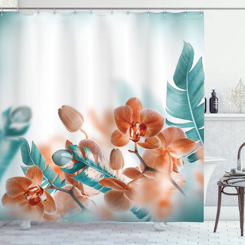 Ambesonne Tropical Shower Curtain Tropical Style Bathroom Decor Orchids Blossom Leaves on Blurred Background Floral Themed Modern Art Fabric for Bath Decor Set with Hooks 69" W x 70" L, Orange Teal