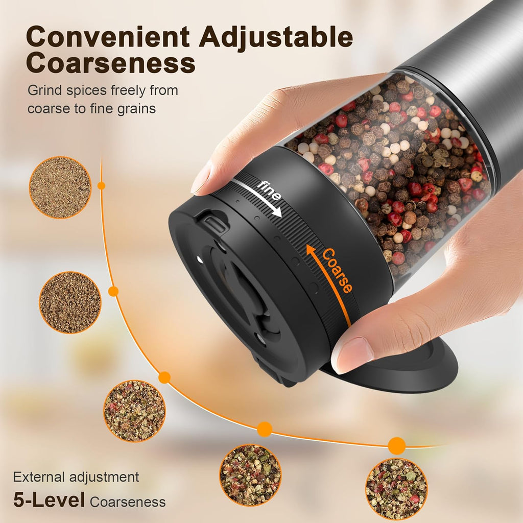 Skiennix Electric Salt and Pepper Grinder Set - Rechargeable Stainless Steel Mill with LED Light & 100ml Capacity