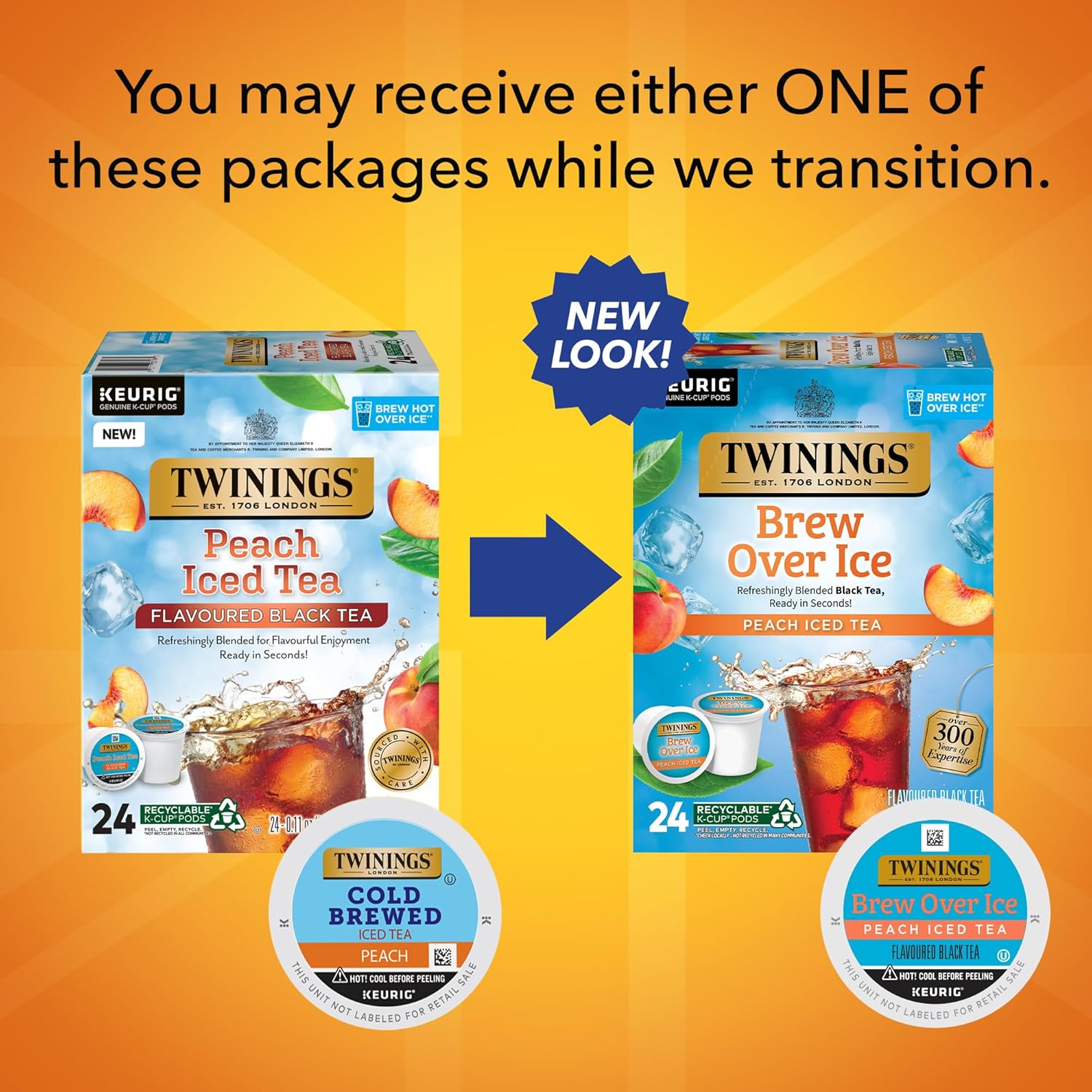 Twinings Brew Over Ice Peach Black Iced Tea K-Cup Pods - Unsweetened, Caffeinated, 24 Count