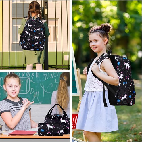 SCIONE Cute School Backpack for Girls, Teens School Bag with USB Charging Port Water-Resistant Black Canvas Bookbag, Preschool Daypack Elementary BackBag, Back to Shool Supplies Gifts for Kids