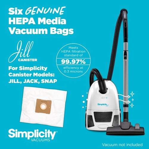 Simplicity Vacuums SZH-6 Jill Canister Vacuum Replacement Bags with Certified Hepa Media, Fits with Simplicity Jill, Jack, and Snap Bagged Vacuum Canister Models, Type Z Bags, 6-pack Set