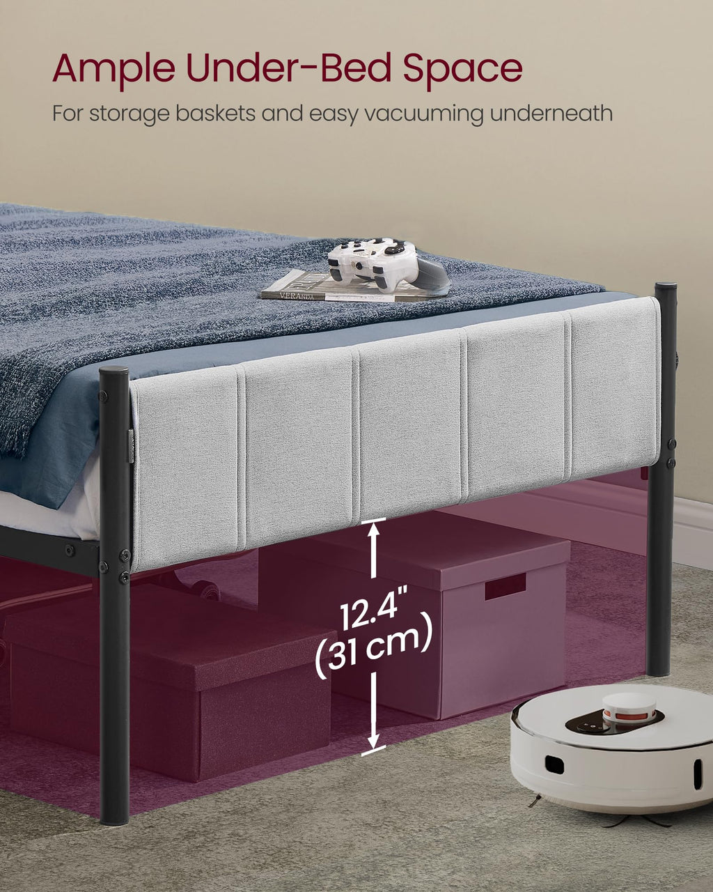 VASAGLE Twin Bed Frame with Upholstered Headboard, Metal Bed Frame Twin Size with Footboard, 550 lb Weight Capacity, Steel Slats, Easy Assembly, No Box Spring Needed, Dove Gray URMB983G01V1
