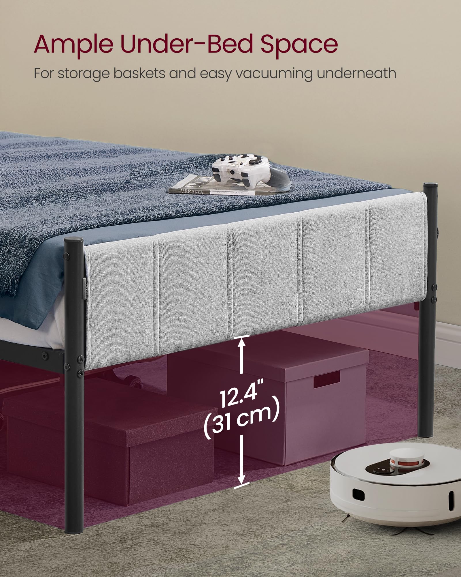 VASAGLE Twin Bed Frame with Upholstered Headboard, Metal Bed Frame Twin Size with Footboard, 550 lb Weight Capacity, Steel Slats, Easy Assembly, No Box Spring Needed, Dove Gray URMB983G01V1