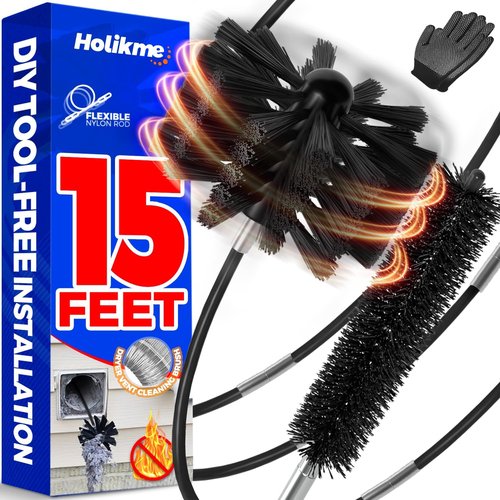 Holikme 15 Feet Dryer Vent Cleaner Kit - Lint Remover with Synthetic Brush Head | Use with or Without Power Drill, Black