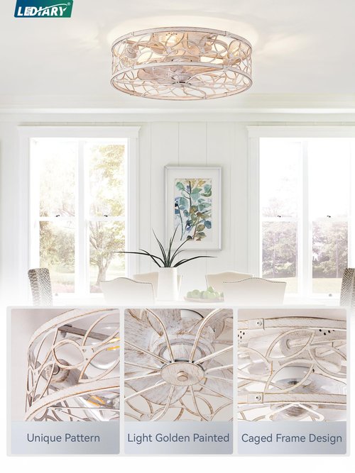 LEDIARY Caged Ceiling Fans with Lights, White Flush Mount Ceiling Fan with Remote&App, Small Low Profile Bladeless Ceiling Fan Light Fixture for Bedroom, Kitchen, Dining Room-White Gold Color