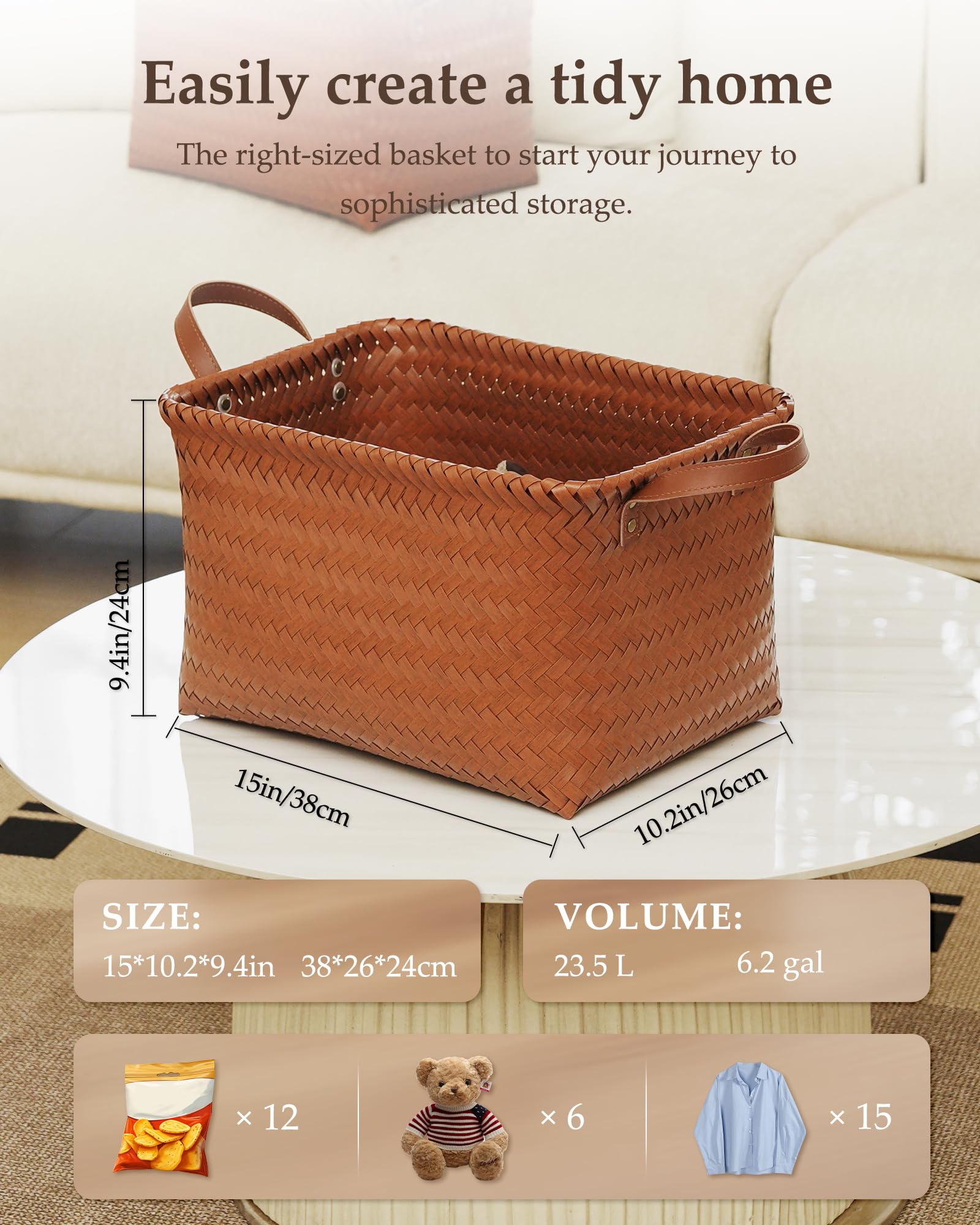 VZFXRD 15x10x9 Woven Laundry Basket Hamper, Storage Basket for Clothes Blankets, 4-Pack Wicker Bin for Closet Shelves Bedroom Bathroom, Brown