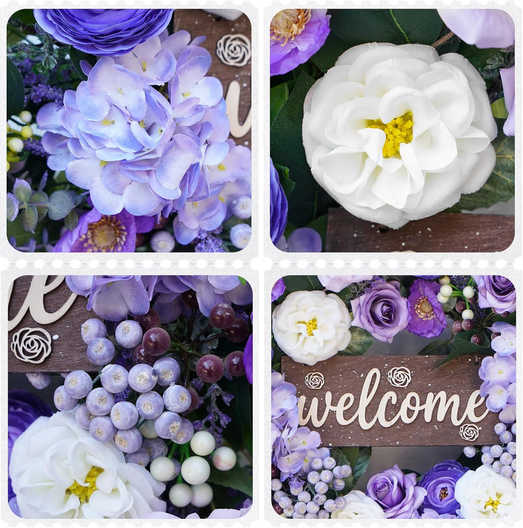 Skiennix 24-Inch Spring Wreath - Luxury Purple Floral Design with Welcome Sign | Roses, Hydrangeas & Eucalyptus for Outdoor Decor