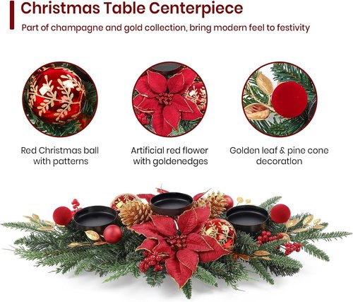 Alupssuc 28" Christmas Centerpiece - Elegant Candle Holders with Baubles & Pine Cones | Holiday Table Decor