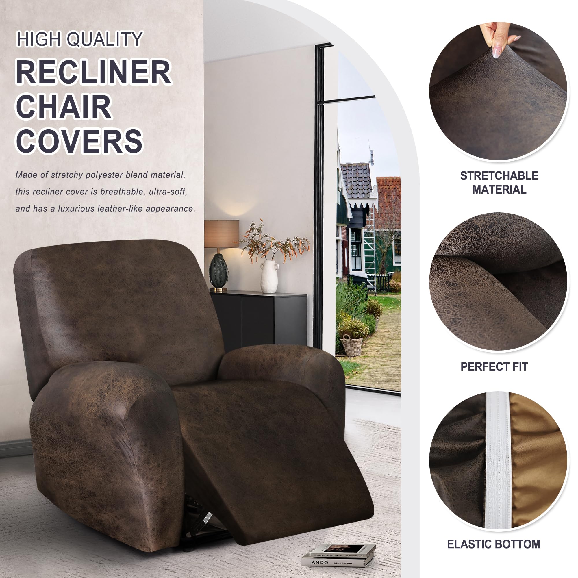 ANARACHON Leather Look Recliner Chair Covers, 4-Pieces Stretch Recliner Cover, Soft Reclining Chair Slipcover, Washable Furniture Protector for Lazy Boy Recliner (1 Seater, Brown)