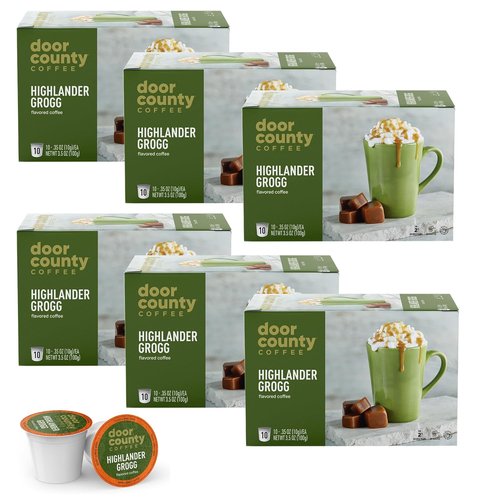 Door County Coffee Highlander Grogg Flavored Ground - 60 Single Serve Cups - Medium Roast - 100% Specialty Arabica
