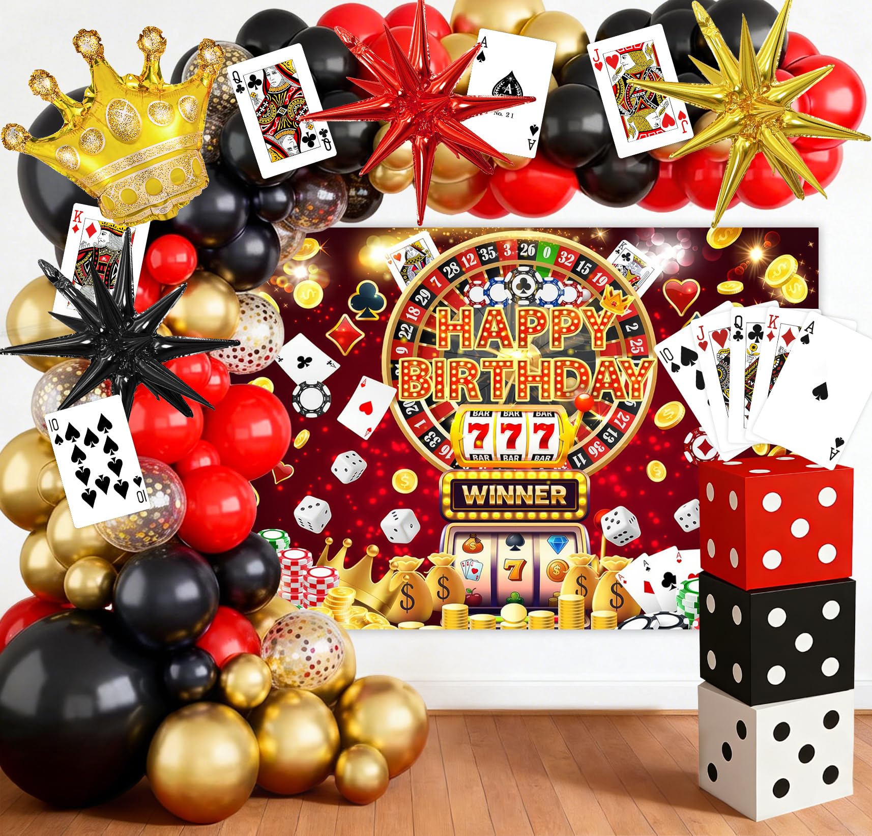KaTiSeMo 128 Pcs Casino Theme Party Decorations Kit for Casino Night & Adult Birthday Party, Deluxe 59" Fabric Backdrop & Balloon Arch, 3 Large Dice Boxes, Poker Cards for Las Vegas Theme Event