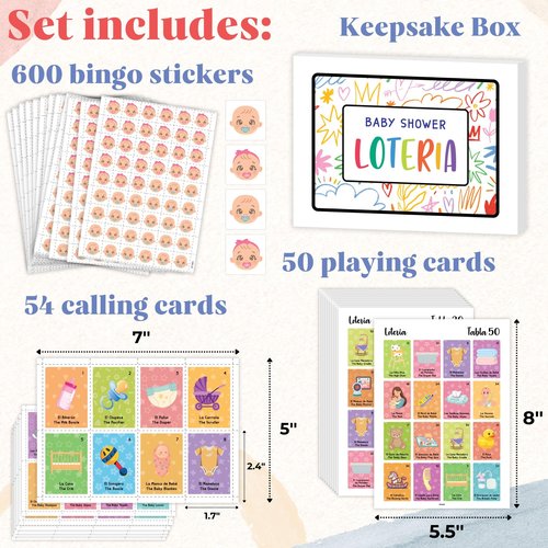 Woodamore Baby Shower Loteria Bilingual - Baby Shower Bingo For Babies Shower Games Spanish And English, Funny Party Bingo for Girls Boys, Loteria Game For 50 Players