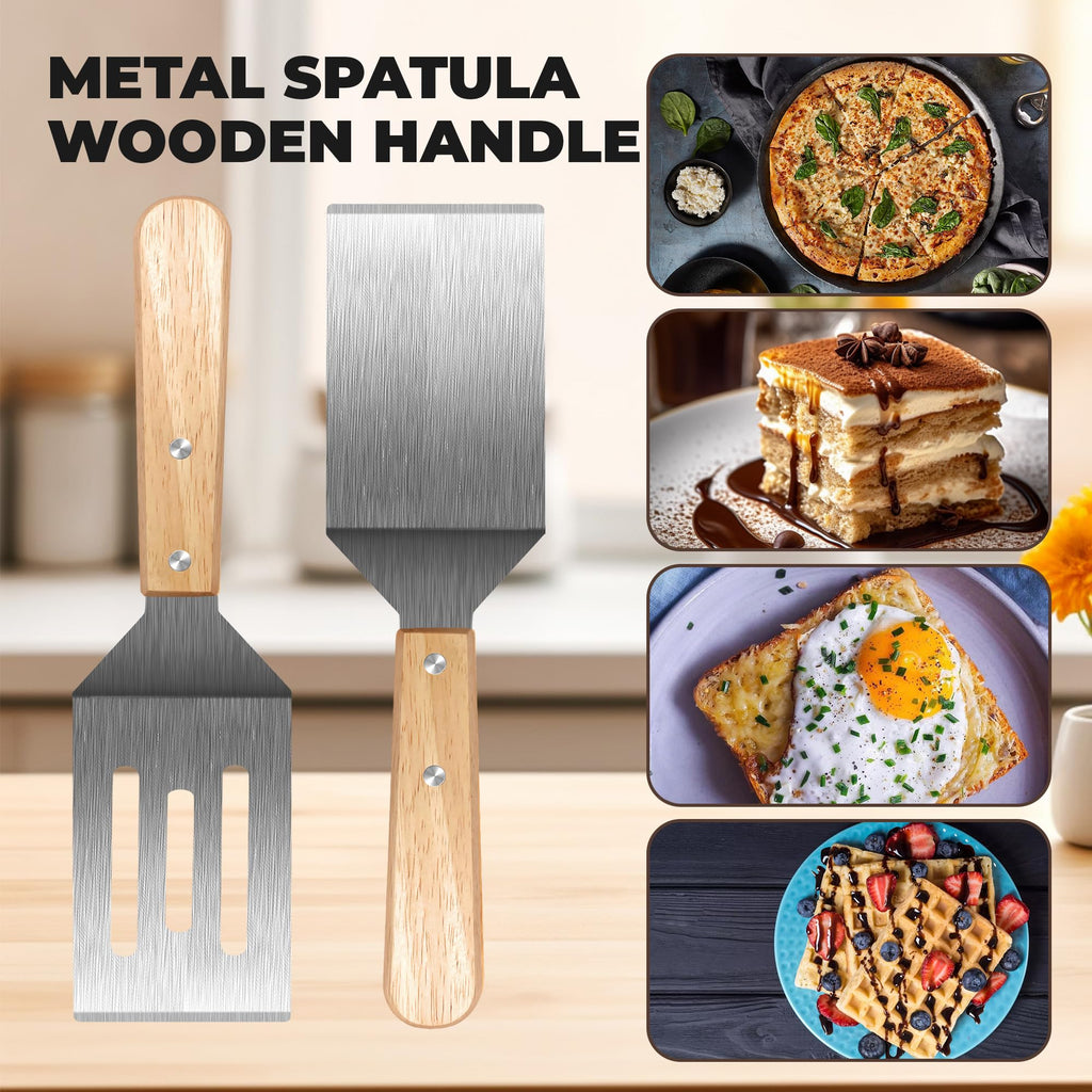 Stainless Steel Spatula Set, Metal Spatula for Cast Iron Skillet, Metal Spatulas for Kitchen Use with Wooden Handle, Ideal for Frying Steak, Pancake, Cookie, Burger, Brownie or Desserts