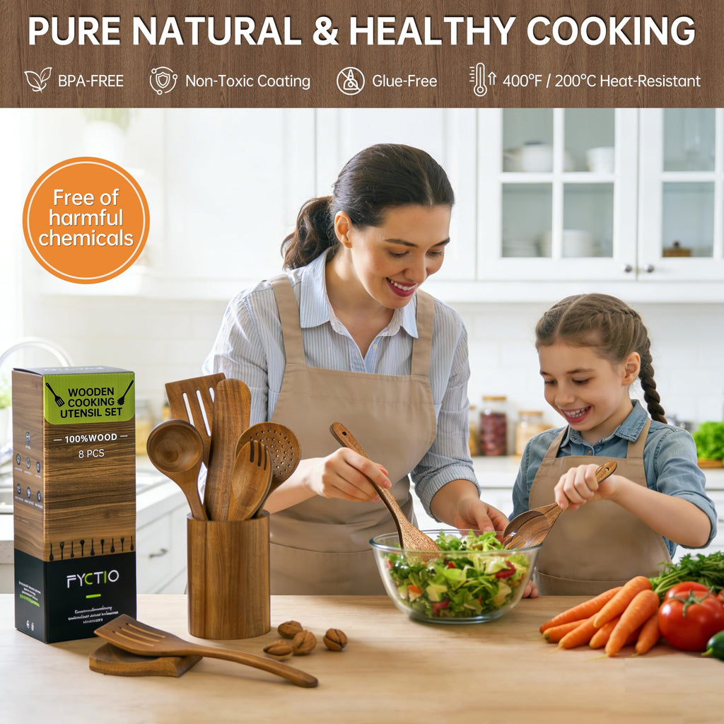 FYCTIO Wooden Utensil Set 8 PCS - Natural Non-Toxic Acacia Wooden Spoons for Cooking, Nonstick, Sturdy,Easy to Clean, Wood Kitchen Utensils Set with Holder, Spoon Rest, Ideal for Gifting