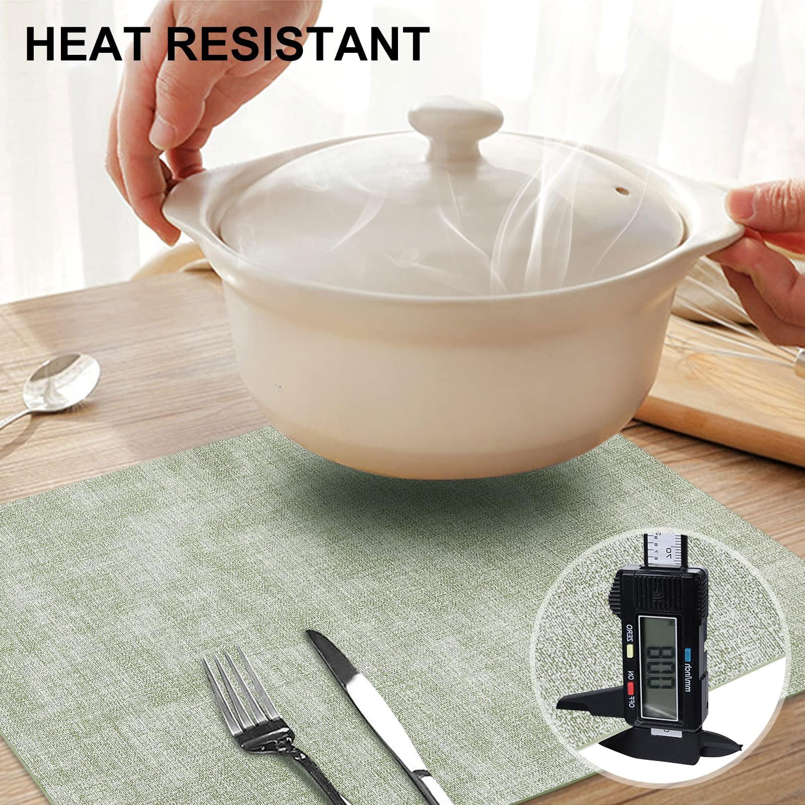 homing Faux Leather Heat Resistant Placemats 12 Packs, Waterproof Wipeable Dining PU Place Mats for Indoor & Outdoor, Easy to Clean, Light Green