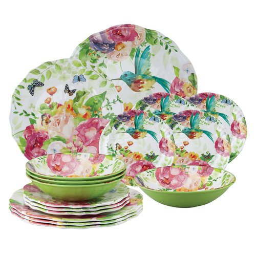 UPware 16 Piece Rose Garden Melamine Dinnerware Sets, Outdoor Dishes Set, Plates and Bowls Sets, Service for 4, Multicolor