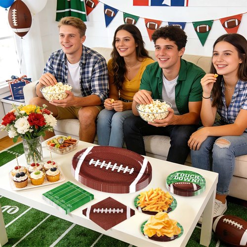 Grencian 150PCS Football Party Decorations Disposable Football Oval Paper Plates and Napkins Sports Theme Tableware Set for Sports Game Day Party Decor Birthday Party Supplies Serves 50