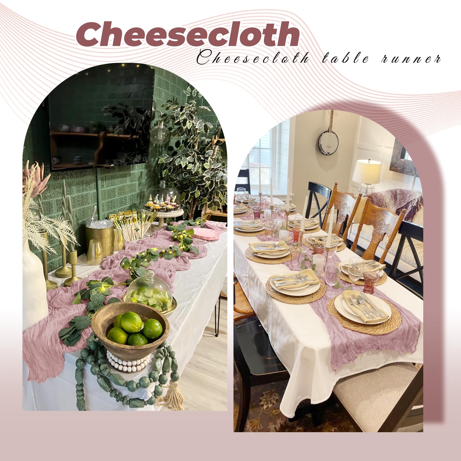 FANTEKE 12 Pack Dusty Pink Cheesecloth Table Runner 20 x 120 Inch Gauze Table Runner Fabric Semi Sheer Cheese Cloth Table Decor Bulk for Rustic Romantic Wedding Baby Shower Party Table Decoration