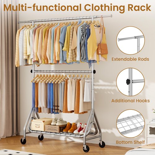 JIEJIERUI Heavy Duty Clothes Rack for Hanging Clothes, Double Rods Clothing Rack with Lockable Wheels, Rolling Garment Racks with Shelf, Easy to Assemble, Silver