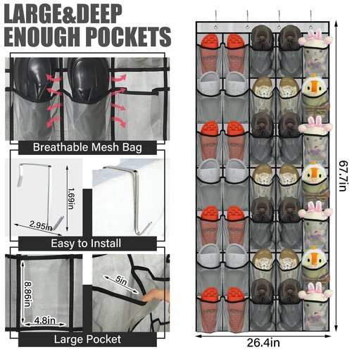 Windyun 2 Pcs 70 Large over The Door Shoe Organizer Hanging Shoe Rack for Closet Holder Gray Mesh Pockets Back to School Behind Door Hanger Storage Nonslip for Home Room School Dorm, Each 35 Pockets