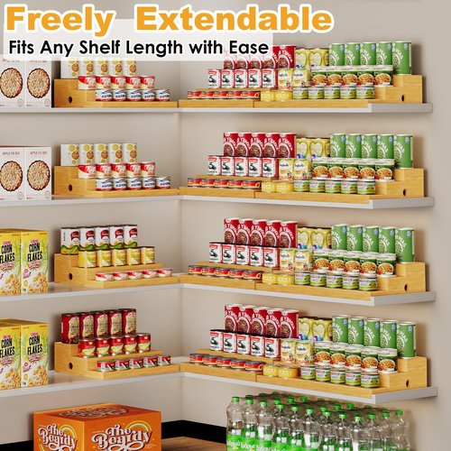 NuoyuanShen Extra-Long Expandable Bamboo Can Rack for Pantry – 3-Tier Adjustable Pantry Can Organizer, Large Capacity Holds up to 45 Cans, Pantry Shelf & Countertop Storage (Patent Pending)