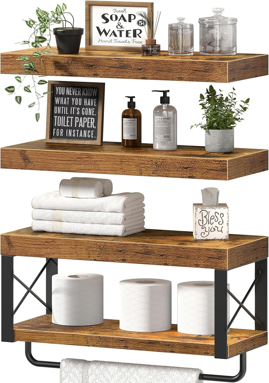 QEEIG Floating Bathroom Shelves - Rustic Brown Over Toilet Storage | Set of 3, 16 Inch