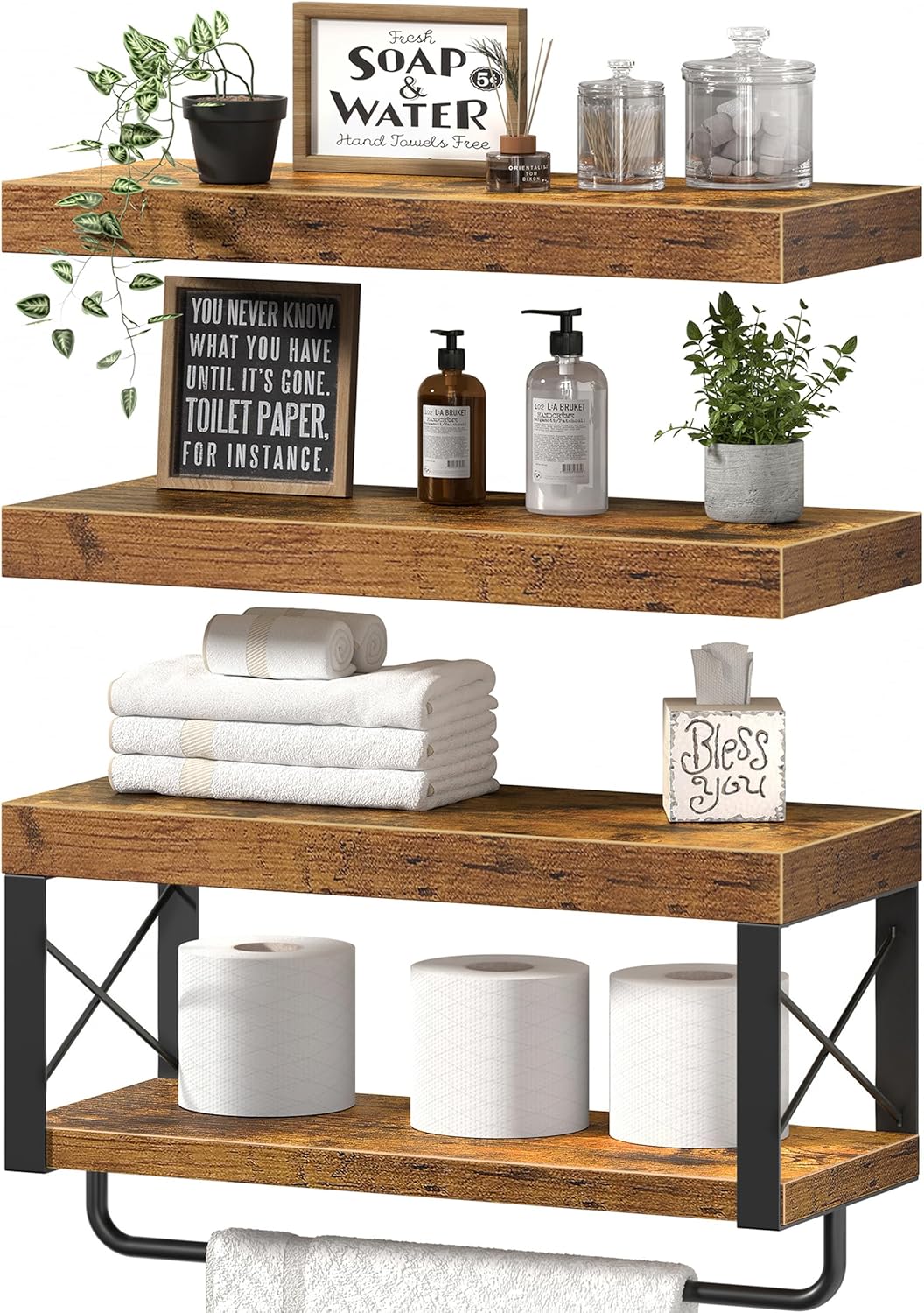 QEEIG Floating Bathroom Shelves - Rustic Brown Over Toilet Storage | Set of 3, 16 Inch