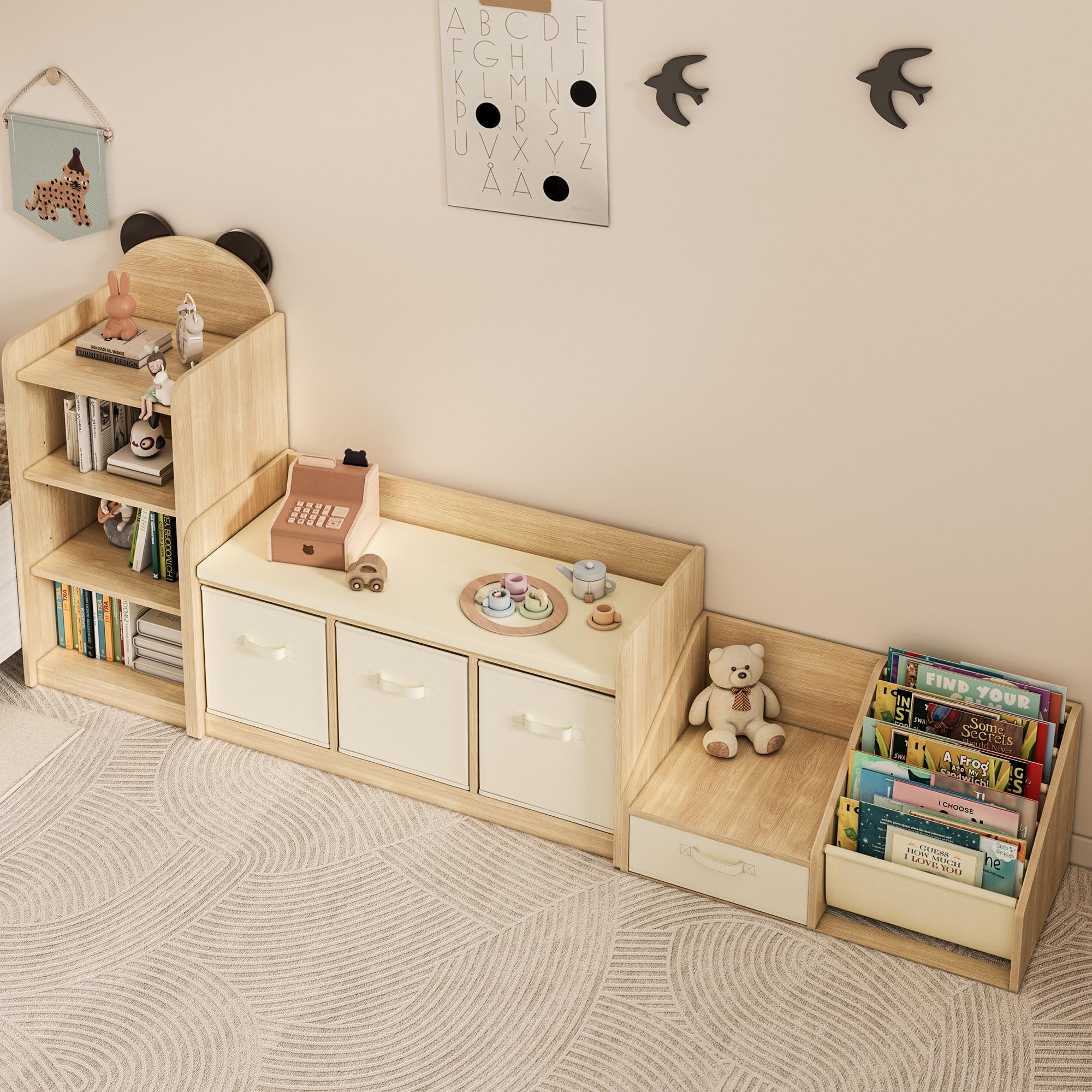 FKWin Kids Bookshelf with Seat - Forward-Facing Book Shelf for Kids Rooms, Nursery Bookcase with 5-Tier Montessori Shelf, Wooden