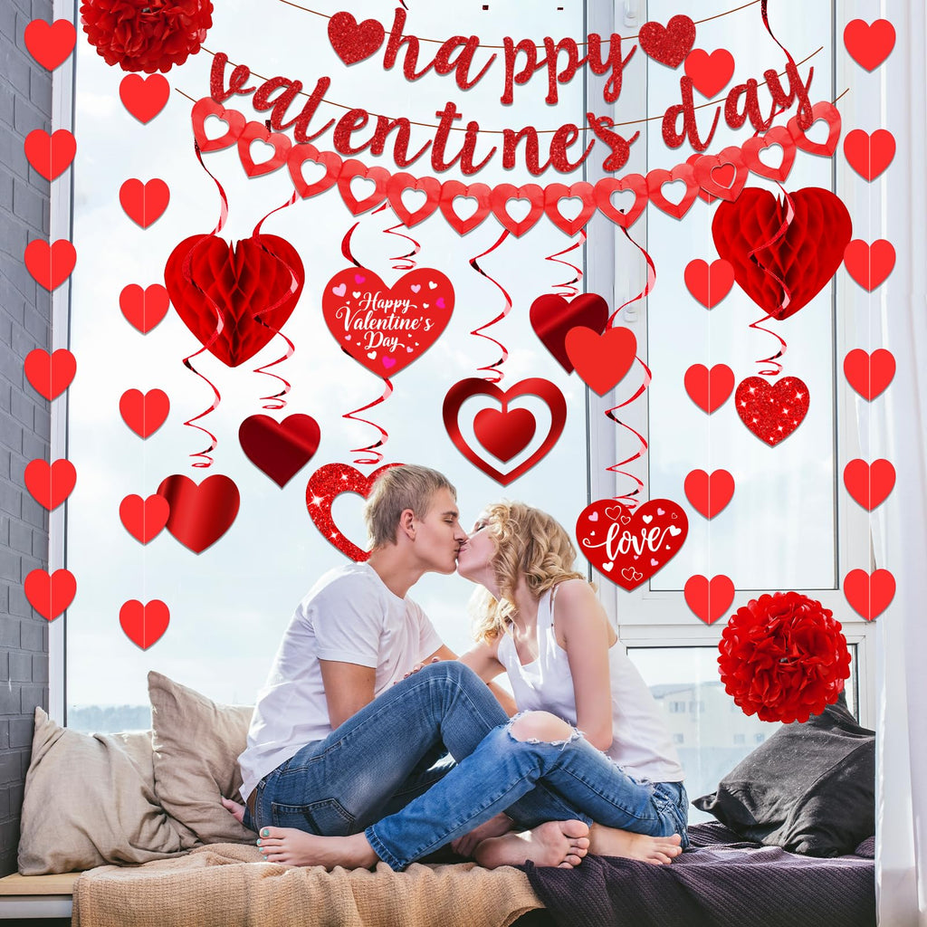 26Pcs Valentines Day Decorations Hanging Swirls Valentines Day Decorations Happy Valentine's Day Love Heart Garlands Banner Paper Honeycomb for Home Classroom Office Wedding Party Anniversary