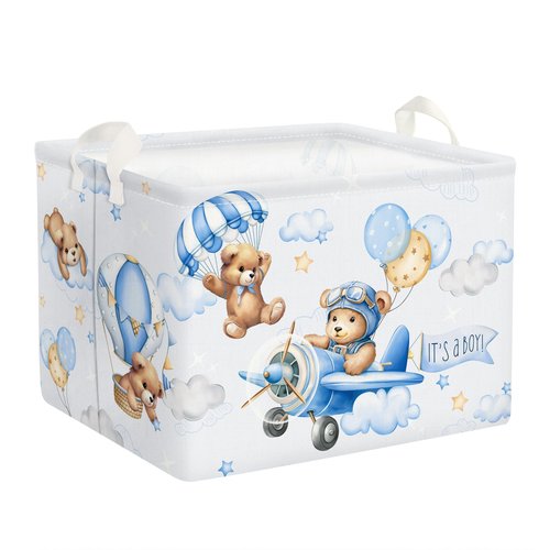 Clastyle 36L Large Blue Bear Pilot Hot Air Balloon Shelf Basket with Handle Collapsible Rectangle Toy Clothes Storage Basket for Kid Room Nursery, 40 * 30 * 30 cm