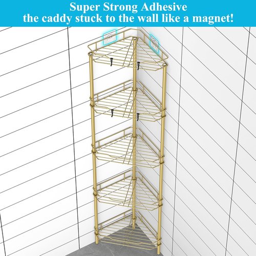 HuggieGems 5-Tier Corner Shower Caddy Organizer - Stylish Gold Bathroom Shelf Stand with Hooks