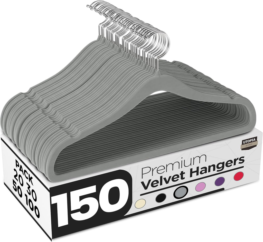 Utopia Home Velvet Hangers - 150 Pack Luxury Non-Slip Slim Coat & Pant Hangers | Strong Space-Saving Design, Grey