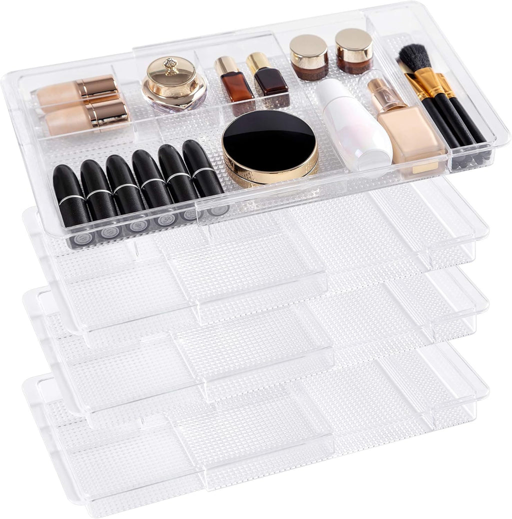 Oubonun Expandable Drawer Organizer - Shallow Cosmetic Storage Trays | 11.1” to 19.2” Width, 4 Packs, Clear