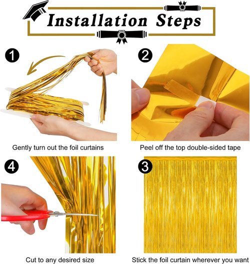 Gold Backdrop Curtains by Class of 2026 - 12 Pack Metallic Fringe Streamers | 3.28 FT x 7.05 FT Graduation Decorations
