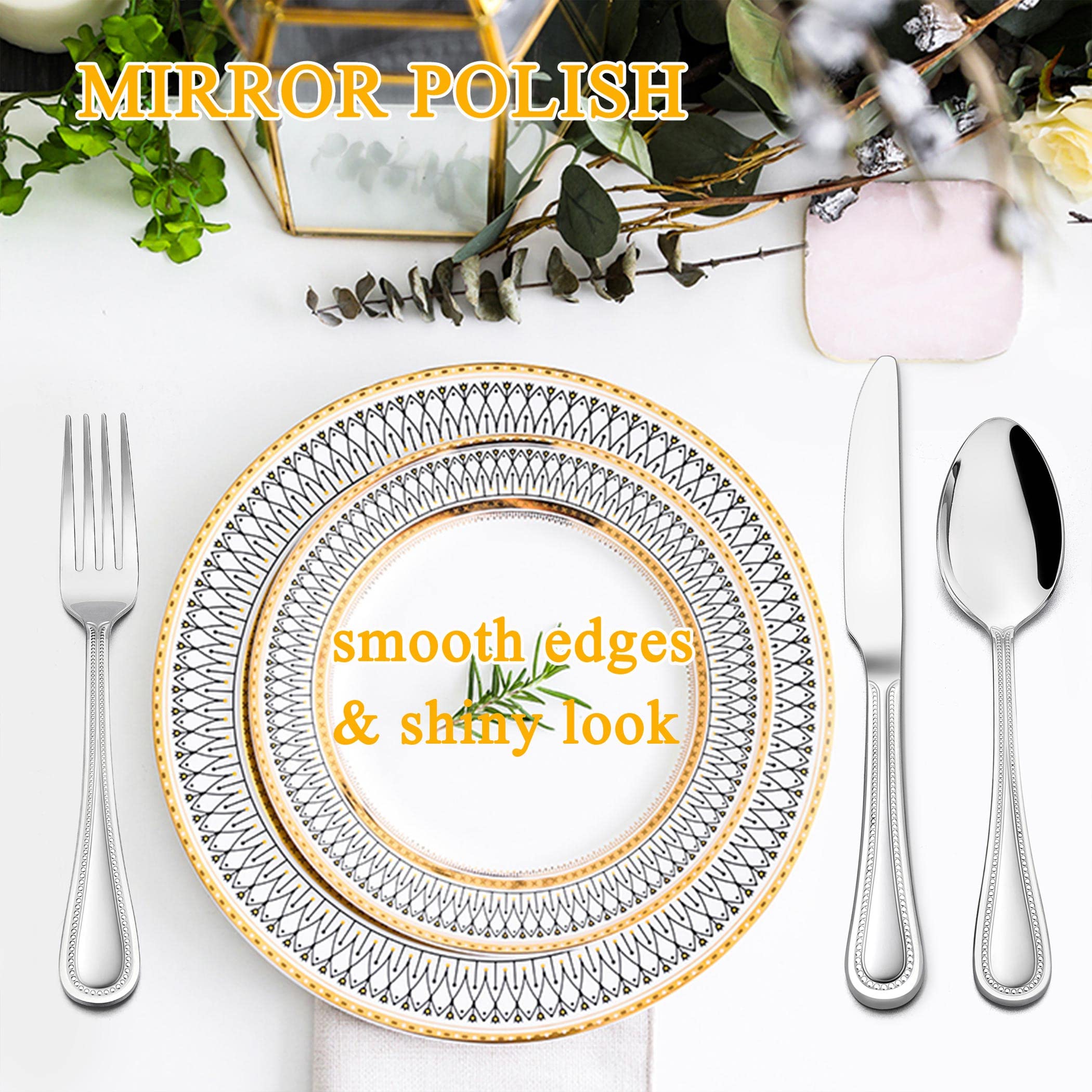 LIANYU 60-Piece Silverware Flatware Set for 12, Stainless Steel Cutlery Tableware with Pearled Edge, Fancy Eating Utensils for Kitchen Restaurant Party, Include Forks Knives Spoons, Dishwasher Safe